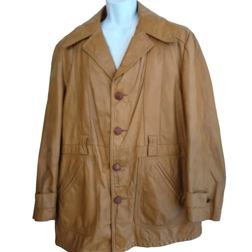 Sears Vintage Mens Sz 44R Brown Leather Biker Jacket Coat w Zip out Fleece Liner